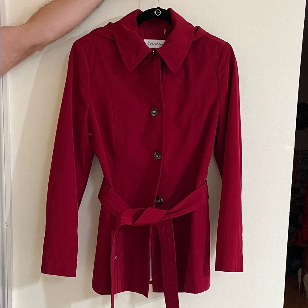 Calvin Klein burgundy trench coat with removable hood